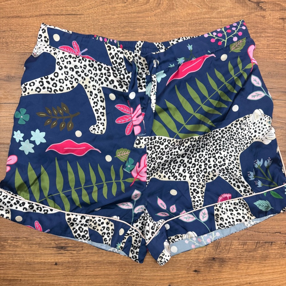 Karen Mabon Womens‎ XL Pajama Shorts Blue Snow Leopard Floral Print Anthro READ